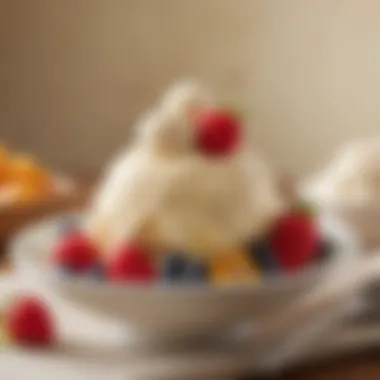 Served Almond Ice Cream with Fresh Fruit A bowl of almond ice cream garnished with fresh fruit