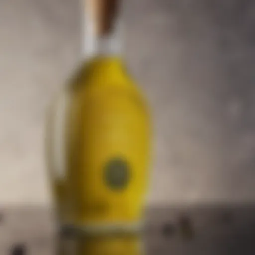 A close-up view of premium virgin olive oil glistening in a glass bottle