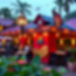 A vibrant outdoor dining area at Disneyland Florida showcasing themed decor