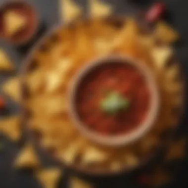 Spicy Salsa and Doritos Pairing A rustic wooden bowl filled with spicy salsa next to a stack of Doritos