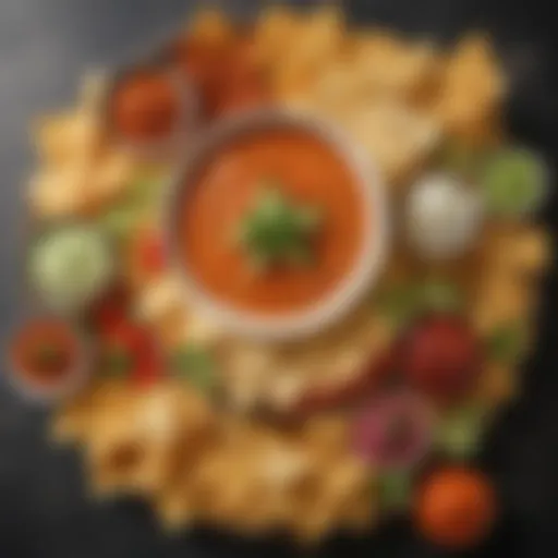 A vibrant spread of various dips and Doritos