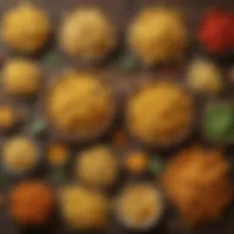 A vibrant display of various pasta shapes on a rustic wooden table