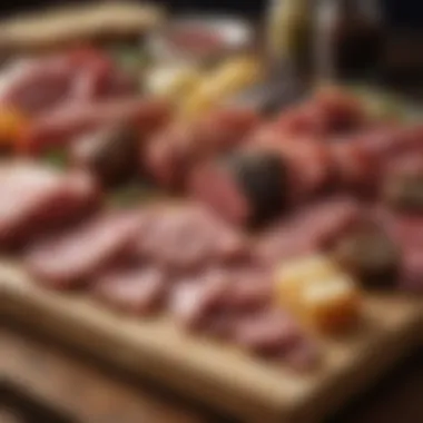 Gourmet Meats Selection An array of gourmet meats displayed artistically on a wooden board.