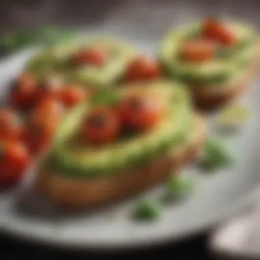 A plate of avocado toast garnished with herbs and cherry tomatoes