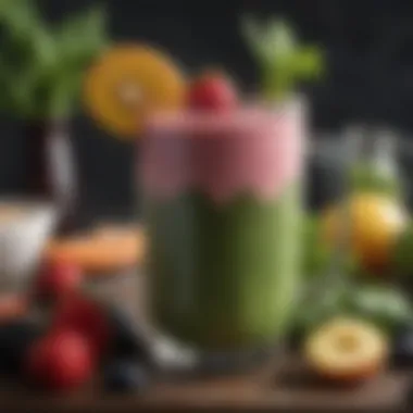 A steaming mug of smoothie filled with various fruits and greens