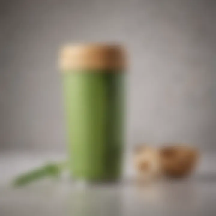 An eco-friendly thermal travel mug with a bamboo handle, emphasizing sustainability