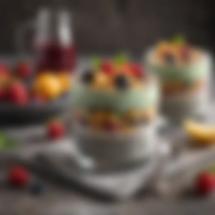 Chia pudding garnished with fruits and mint