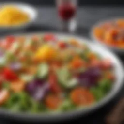 A vibrant bowl of colorful salad featuring fresh vegetables and a drizzle of dressing.