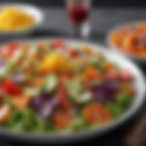 A vibrant bowl of colorful salad featuring fresh vegetables and a drizzle of dressing.