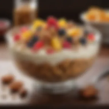 A delightful dessert bowl filled with a creamy treat topped with fruits and nuts.