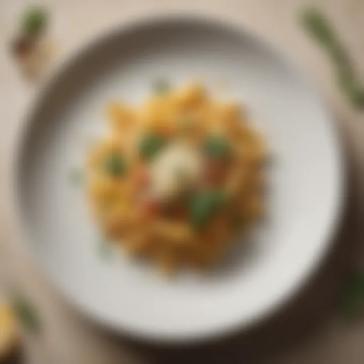 A solitary plate showcasing a beautifully arranged pasta dish with herbs and parmesan.