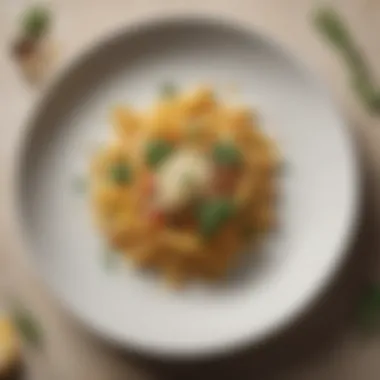 Elegant Pasta Presentation for One A solitary plate showcasing a beautifully arranged pasta dish with herbs and parmesan.