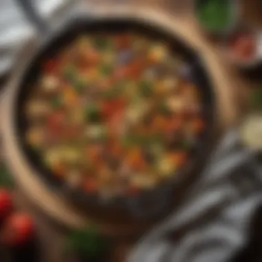 Wholesome Skillet Medley An inviting skillet filled with a medley of sautéed vegetables and protein, ready to serve.