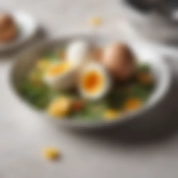 A beautifully plated dish featuring perfectly peeled eggs as a decorative element.