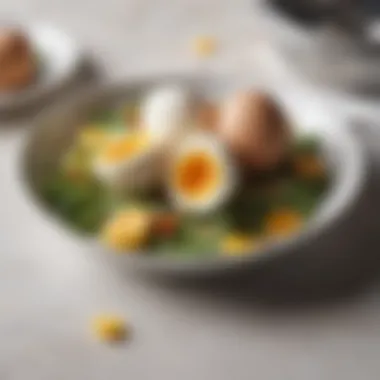 Culinary Elegance with Perfectly Peeled Eggs A beautifully plated dish featuring perfectly peeled eggs as a decorative element.