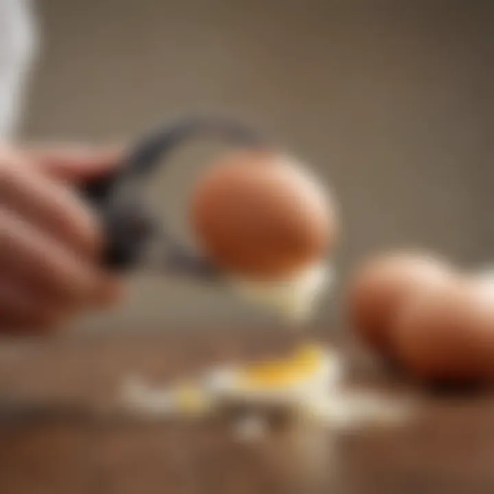 A close-up of a user demonstrating the technique of using an egg peeler for efficiency.