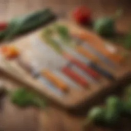 A close-up view of various vegetable cutting knives arranged on a wooden board.