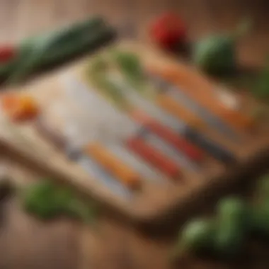 Diverse Vegetable Cutting Knives A close-up view of various vegetable cutting knives arranged on a wooden board.