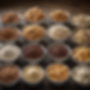 A variety of flour types displayed in bowls