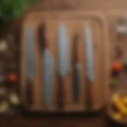 An array of essential kitchen knives arranged artfully on a wooden cutting board