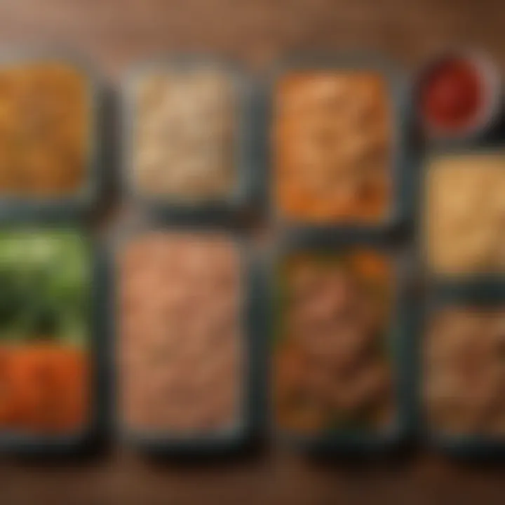 An artistic display of well-portioned frozen meals arranged on a wooden table