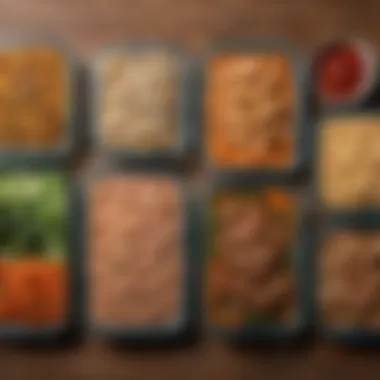 Well-Portioned Frozen Meals An artistic display of well-portioned frozen meals arranged on a wooden table