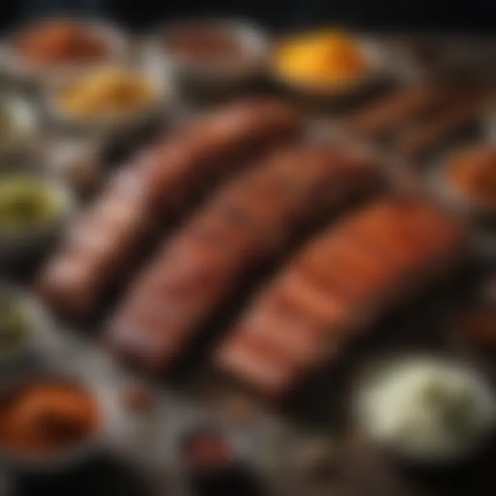 Selection of various dry rubs and spices for seasoning ribs