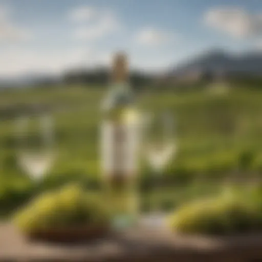 A bottle of Aldi Sauvignon Blanc with a scenic vineyard in the background