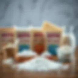 A variety of milk powder alternatives displayed on a wooden table.