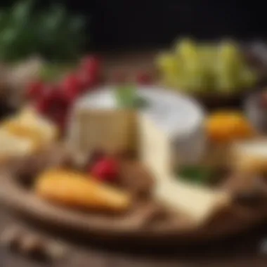 Artisanal Cheese Platter An artisanal cheese platter adorned with fruits, nuts, and herbs