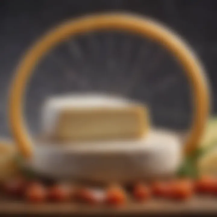 A close-up of a cheese wheel with unique markings and a distinct rind
