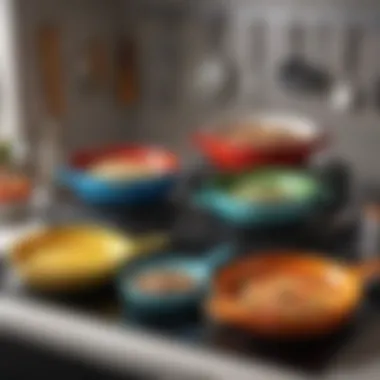 Colorful and Stylish Pan Sets An assortment of colorful and stylish pan sets on a kitchen counter.