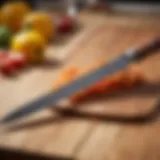 A high-quality carving knife displayed on a wooden cutting board