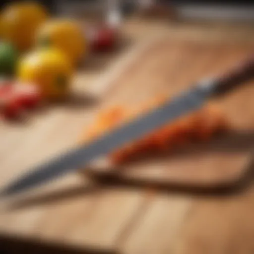 A high-quality carving knife displayed on a wooden cutting board