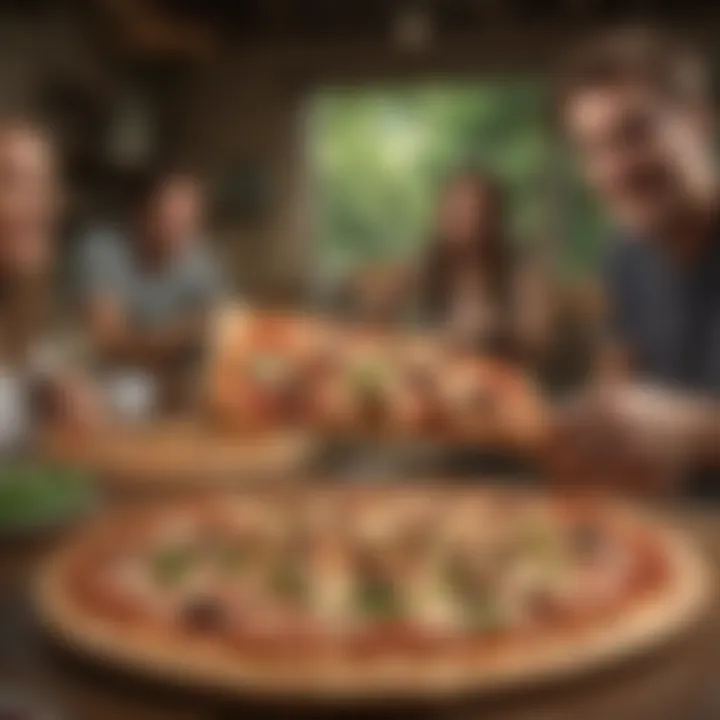 A group of friends enjoying Beyond Meat pizza in a lively setting.