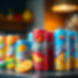 A selection of various breakfast energy drinks showcasing vibrant packaging.