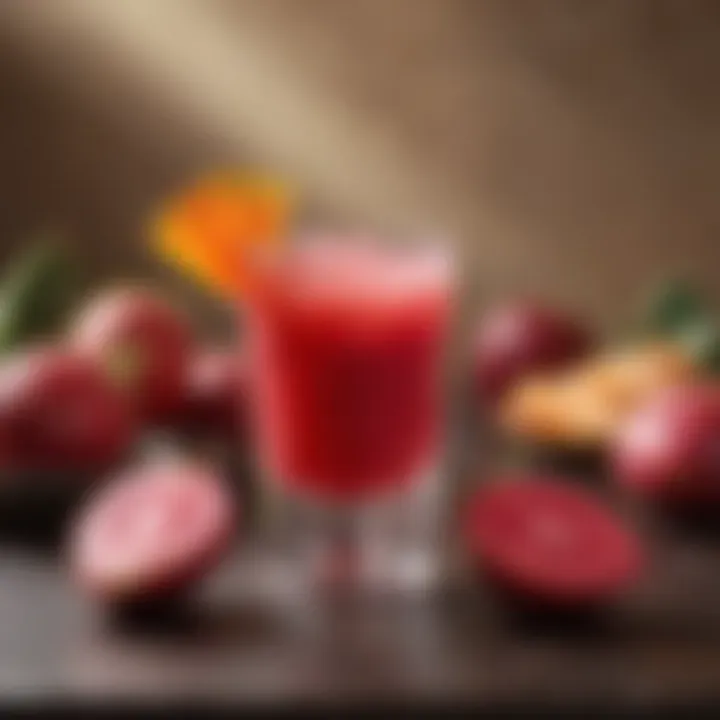 A glass of vibrant cactus pear juice with garnishes