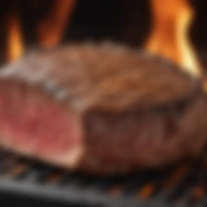 A close-up of a seasoned beef cut being grilled to perfection over an open flame.