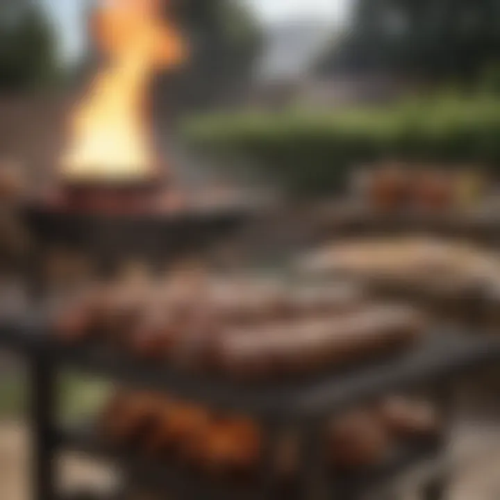 An outdoor grill featuring a vibrant asado setup, showcasing flames and sizzling meats.