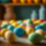 Artistic Arrangement of Colored Plastic Eggs Vibrant colored plastic eggs arranged artistically on a table.