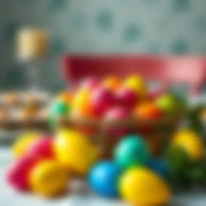 Festive Table Setting with Colored Plastic Eggs A colorful assortment of plastic eggs used in a festive table setting.