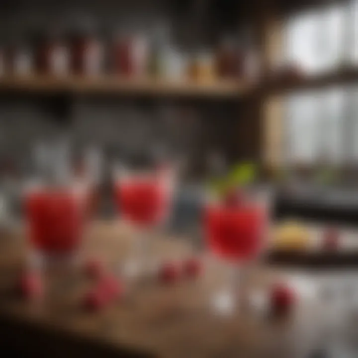 A rustic bar setting showcasing various ingredients for raspberry vodka cocktails