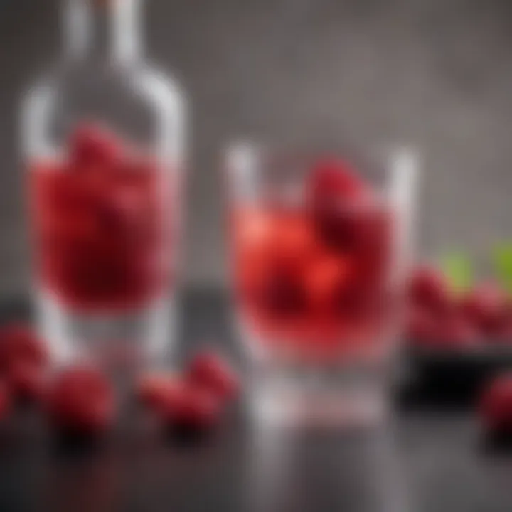 A vibrant cocktail glass filled with raspberry vodka and fresh raspberries