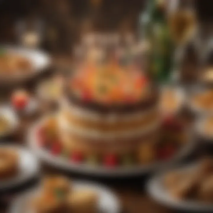 A close-up of a vibrant birthday cake with candles, surrounded by delicious appetizers on a restaurant table.