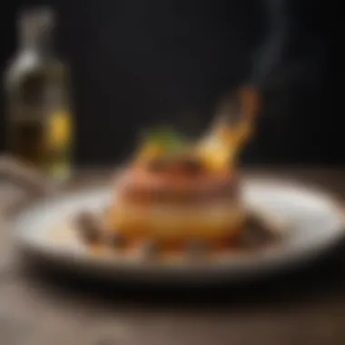 Artfully Plated Dish with High Smoke Point Oil An elegant dish plated with vibrant ingredients and drizzled with oil