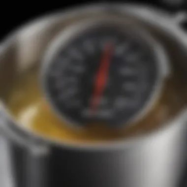 Measuring Oil Temperature for Optimal Cooking A close-up of a thermometer measuring oil temperature in a pot