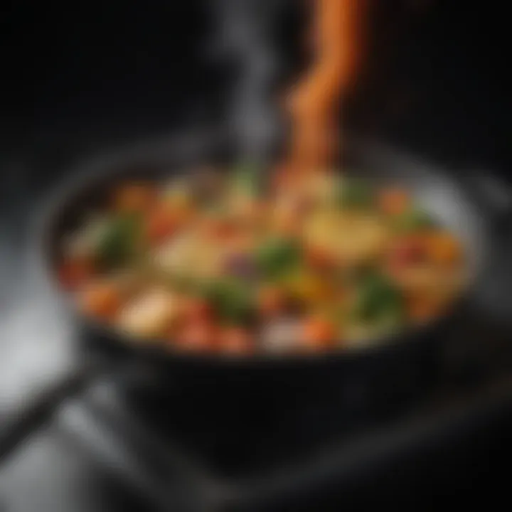 A frying pan sizzling with vibrant vegetables glistening in oil