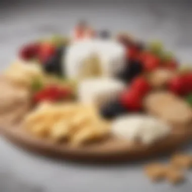 An elegant cheese board featuring an assortment of cream cheese flavors, complemented by fruits and crackers.