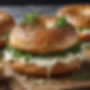 A close-up of a gourmet bagel topped with a rich cream cheese infused with herbs and spices.