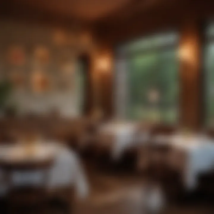A cozy dining setup with elegantly arranged tables and ambient lighting